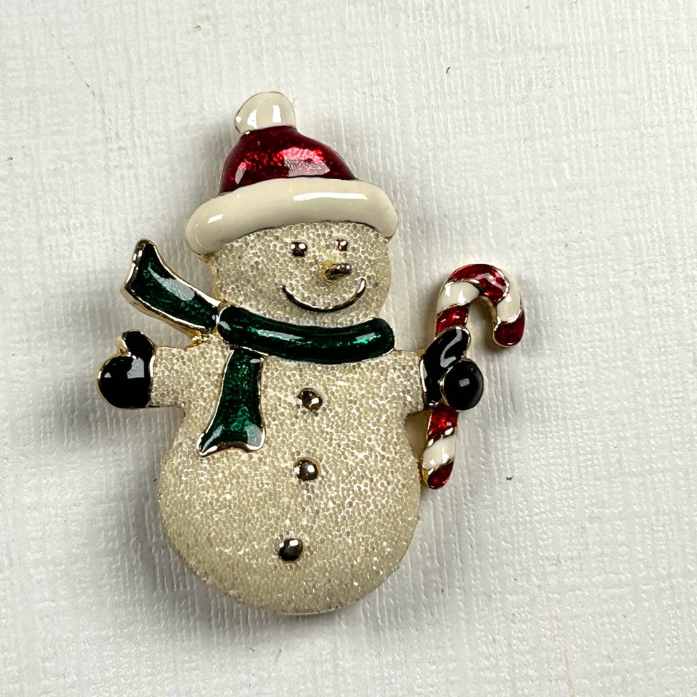 Artist Signed SFJ Snowman Brooch Pin With Candycane